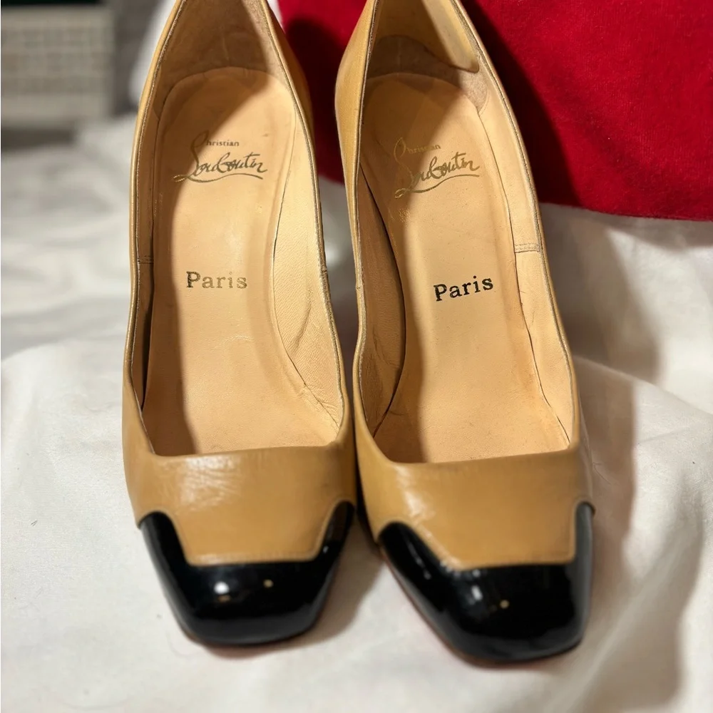 Christian Louboutin Tan and Black Heels - Picture 2 of 9